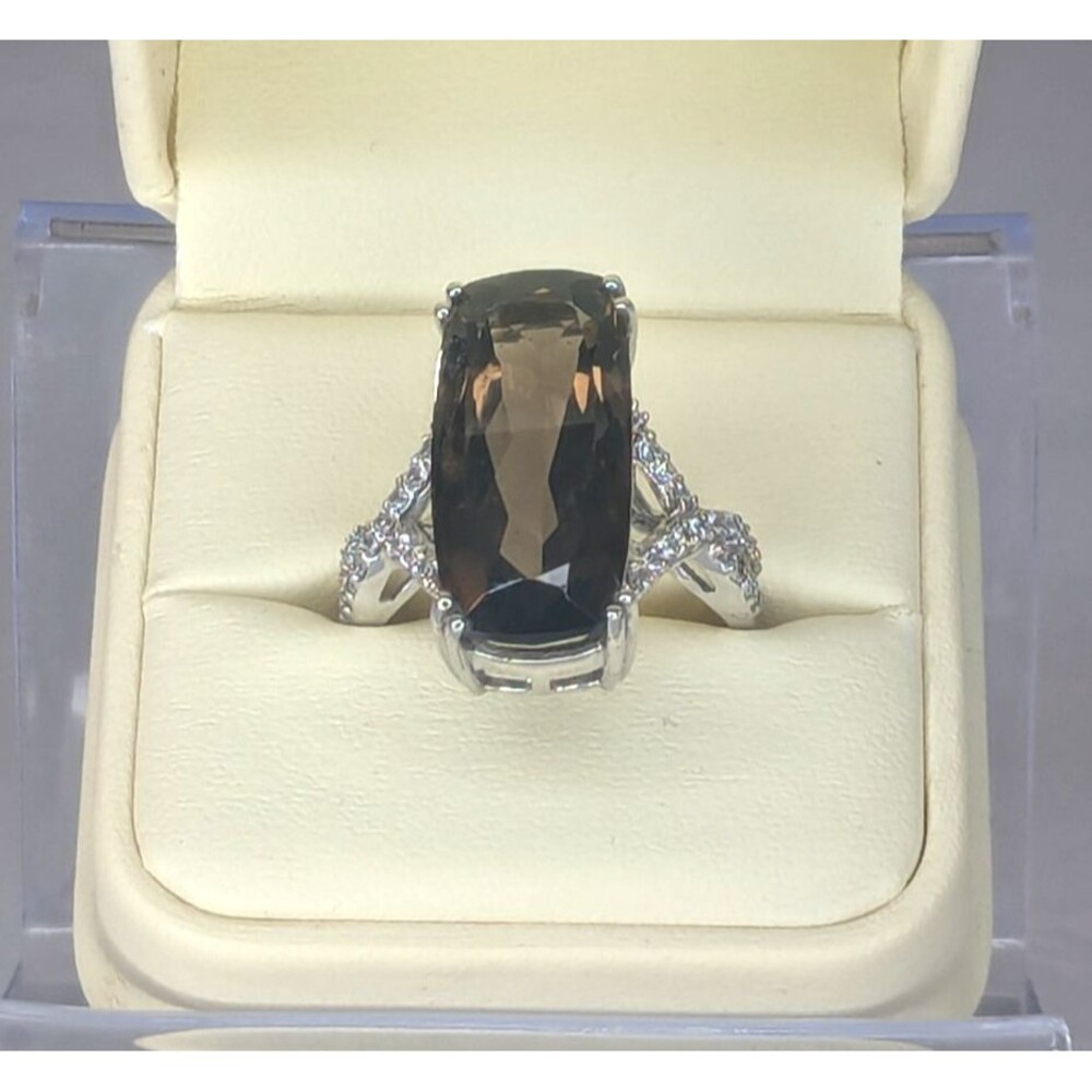 Smoky Quartz & Zircon Ring - Sterling Silver, Brown, Size 11